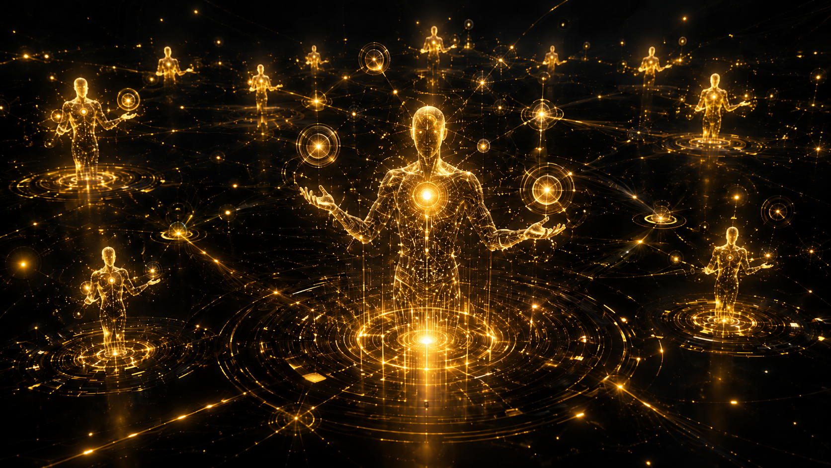 AI agents working autonomously — glowing humanoid figures in digital space representing autonomous AI systems in 2026